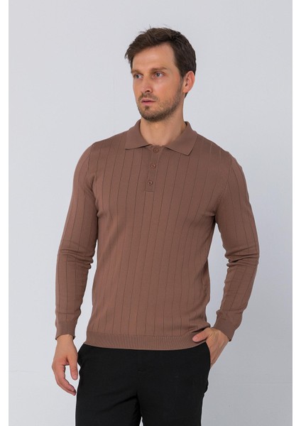 Erkek Regular Fit Düz Renk Polo Yaka Düğmeli Uzun Kollu Çizgili Triko Kazak
