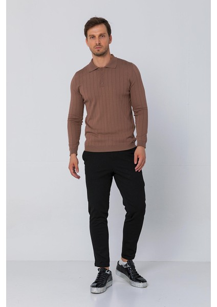 Erkek Regular Fit Düz Renk Polo Yaka Düğmeli Uzun Kollu Çizgili Triko Kazak fiyatları