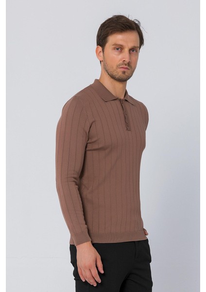 Erkek Regular Fit Düz Renk Polo Yaka Düğmeli Uzun Kollu Çizgili Triko Kazak fırsatları