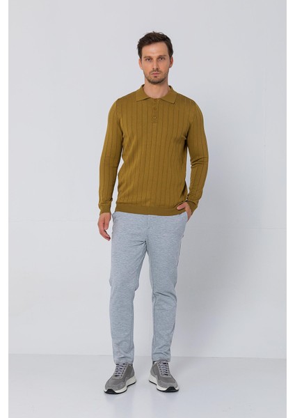 Erkek Regular Fit Düz Renk Polo Yaka Düğmeli Uzun Kollu Çizgili Triko Kazak