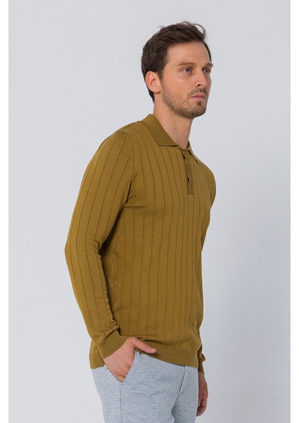 Erkek Regular Fit Düz Renk Polo Yaka Düğmeli Uzun Kollu Çizgili Triko Kazak