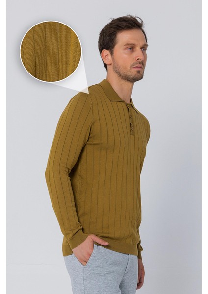 Erkek Regular Fit Düz Renk Polo Yaka Düğmeli Uzun Kollu Çizgili Triko Kazak