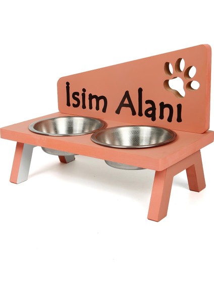 Özel Isim Baskılı Kedi Köpek Mama ve Su Kabı Standı Çelik Kaseli 18 mm Mdf