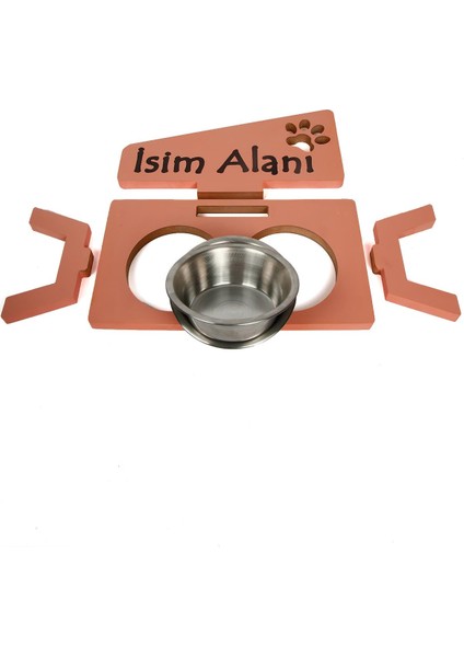 Özel Isim Baskılı Kedi Köpek Mama ve Su Kabı Standı Çelik Kaseli 18 mm Mdf