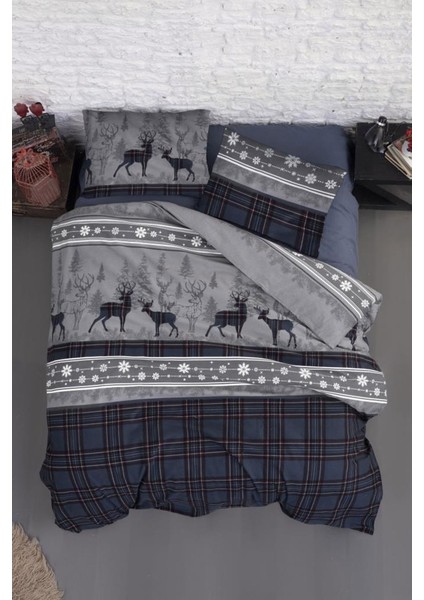 Flanel Nevresim Takımı Happiness Navy Blue Çift Kişilik