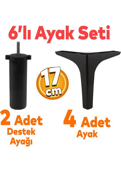 Sedef 6'lı Set Mobilya Tv Ünitesi Çekyat Koltuk Kanepe Destek Yükseltici Ayağı 17 cm Siyah Baza Ayakları M8 Destek