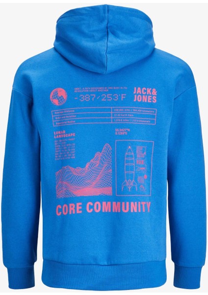 Jack & Jones Jcounseen Backprınt Sweat Hood Erkek Mavi Sweatshirt 12242247-BLUE