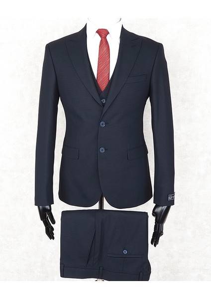 Slim Fit Sivri Yaka-Çift Yırtmaç Lacivert Drop 6 Yelekli Takım Elbise