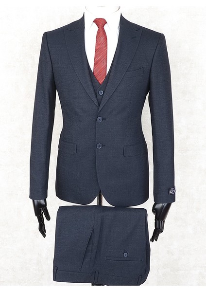 Slim Fit Sivri Yaka-Çift Yırtmaç Lacivert Drop 6 Yelekli Takım Elbise