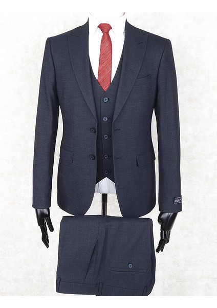 Slim Fit Sivri Yaka-Çift Yırtmaç Lacivert Drop 6 Yelekli Takım Elbise