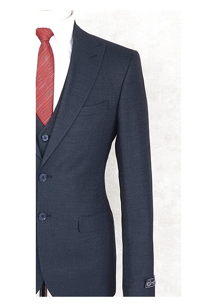 Slim Fit Sivri Yaka-Çift Yırtmaç Lacivert Drop 6 Yelekli Takım Elbise