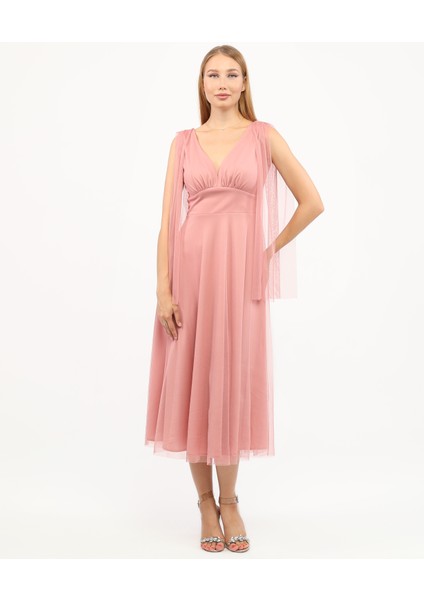 Göğüs Büzgü Detaylı Esnek Tül Abiye Elbise