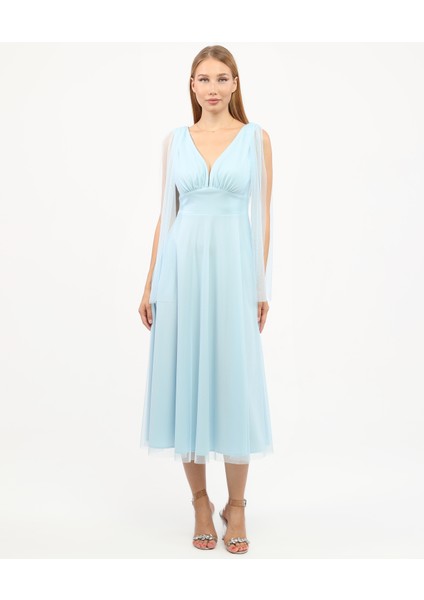 Göğüs Büzgü Detaylı Esnek Tül Abiye Elbise