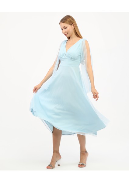 Göğüs Büzgü Detaylı Esnek Tül Abiye Elbise modelleri