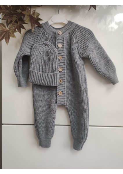 Şapkalı Düğmeli Selanik Örgü Triko Bebek Tulum
