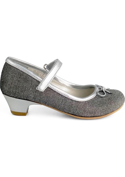 Gümüş Kumaş Kız Çocuk Topuklu Abiye Ayakkabı