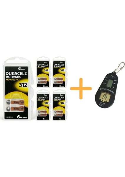 Duracell Activair 312 Numara Işitme Cihazı Pili (5 Paket x 6 Adet = 30 Adet Pil) + Hediye Işitme Cihazı Pil Ölçer, Yesmed