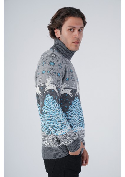 Erkek Jakarlı Geyik Desenli Balıkçı Yaka Yılbaşı Triko Yün Kazak TRIST-5314