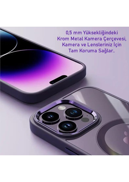 iPhone 15 Pro Max Kılıf Magsafe Özellikli Metal Kamera ve Tuş Tasarımlı Arkası Sararmaz Sert Şeffaf