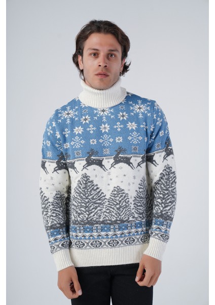 Erkek Jakarlı Geyik Desenli Balıkçı Yaka Yılbaşı Triko Yün Kazak TRIST-5314