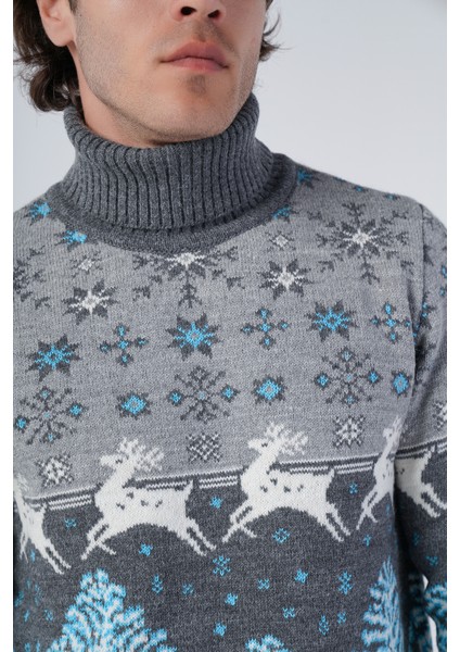 Erkek Jakarlı Geyik Desenli Balıkçı Yaka Yılbaşı Triko Yün Kazak TRIST-5314 fiyatları