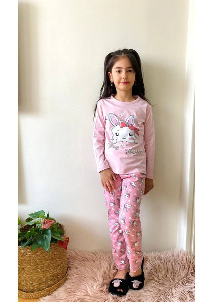 Pija Kids Pembe Fiyonklu Kedili Göz Bantlı Kız Çocuk Pijama Takımı 16337