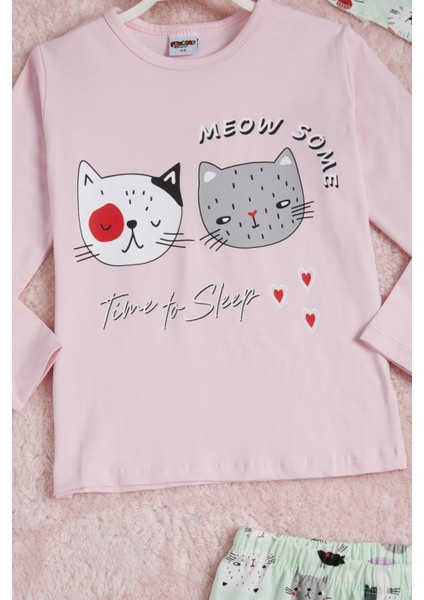 Pija Kids Pembe Meow Kedi Baskı Göz Bantlı Kız Çocuk Pijama Takımı 16340