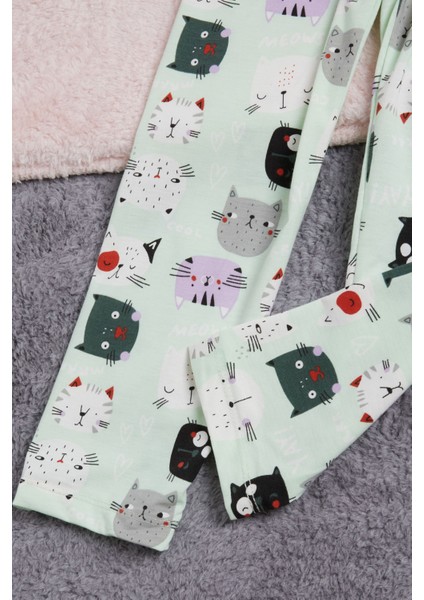 Pija Kids Pembe Meow Kedi Baskı Göz Bantlı Kız Çocuk Pijama Takımı 16340