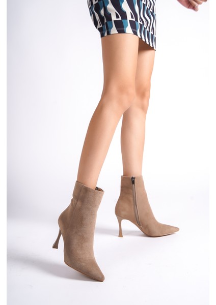 MBHRNS800-VZ Kadın Ince Topuklu Süet Vizon Kısa Sivri Burun Bot & Bootie