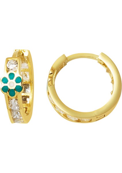 14 Ayar Mavi Papatyalı Altın Halka Çocuk Küpesi