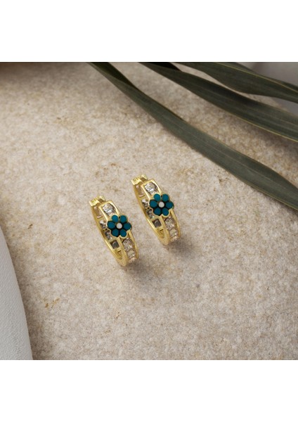 14 Ayar Mavi Papatyalı Altın Halka Çocuk Küpesi modelleri