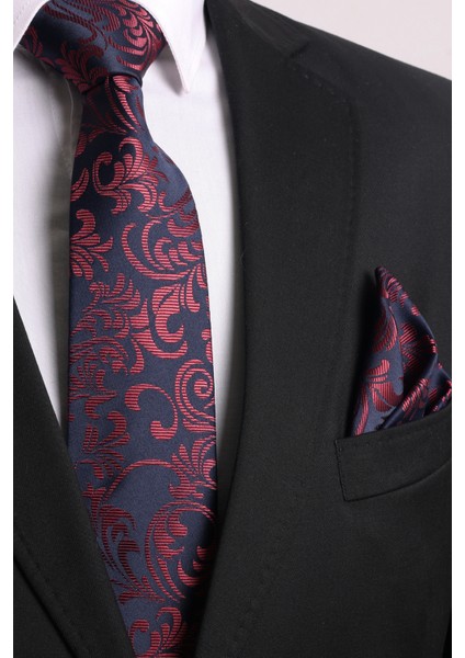 Hand Made 7.5 cm Bordo Lacivert Desenli Kravat Mendil