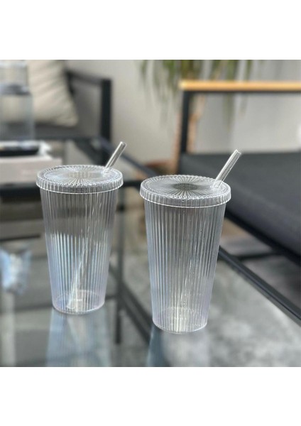 Mika Kapaklı Pipetli Origami Stil Mika Bardak 2 Adet 600 ml