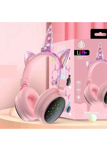 Sevimli Unicorn Kedi LED Işıklı Bluetooth Kablosuz Kulaküstü Kulaklık Yeni Nesil