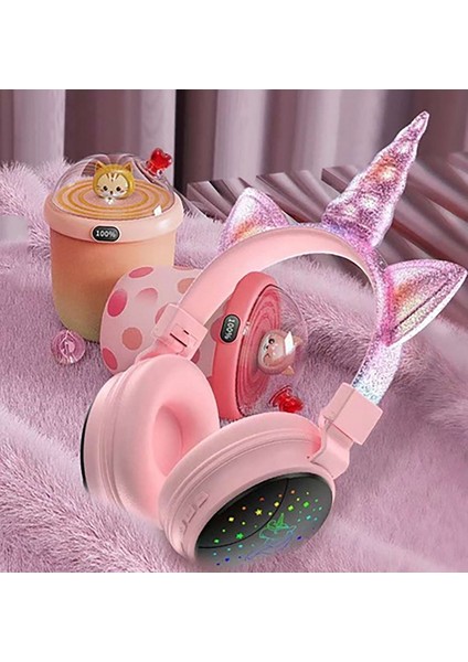 Sevimli Unicorn Kedi LED Işıklı Bluetooth Kablosuz Kulaküstü Kulaklık Yeni Nesil