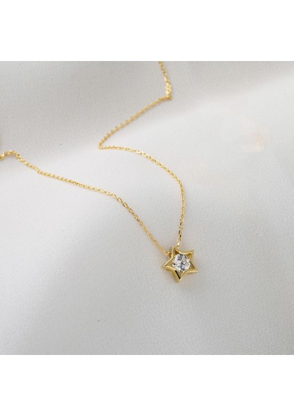 14 Ayar Altın Yıldız Tasarım Tek Taş Kolye modelleri