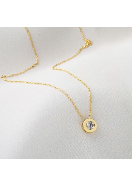 Yuvarlak Tasarım 14 Ayar Tek Taş Altın Kolye