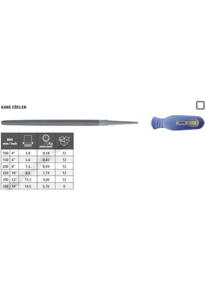 Tome Saplı Kare Eğe İnce Diş 100 mm