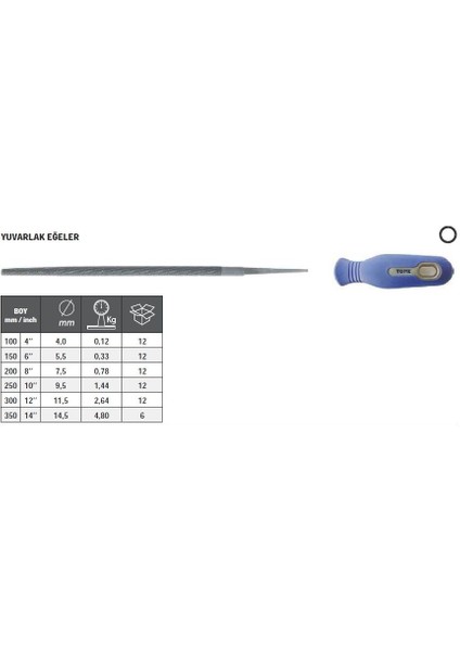 Tome Saplı Yuvarlak Eğe Orta Diş 150 mm