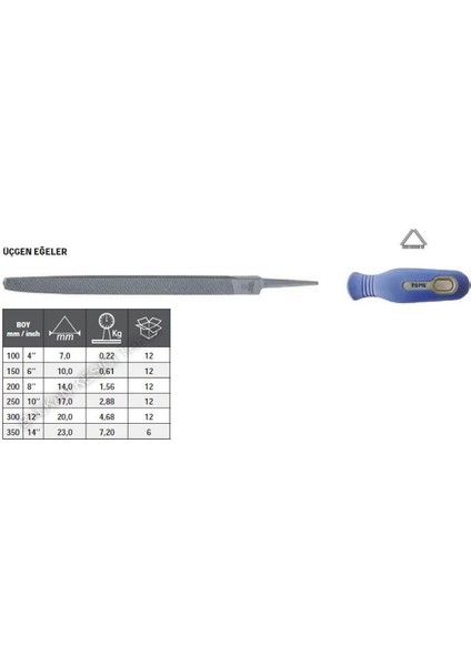 Tome Saplı Üçgen Eğe Orta Diş 150 mm