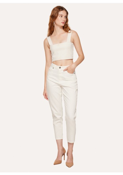 Yüksek Bel Boru Paça Regular Fit Beyaz Kadın Denim Pantolon B3WL-PNT-8