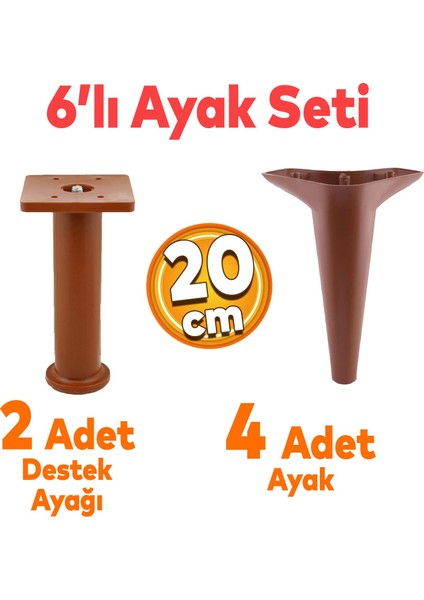 Aspen 6'lı Set Mobilya Tv Ünitesi Çekyat Koltuk Kanepe Baza Destek Ayağı Ayakları 20 Cm Kahverengi