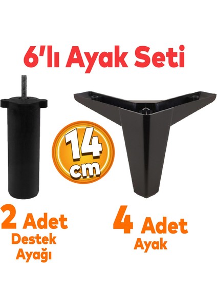 Sedir 6'lı Set Mobilya Tv Ünitesi Çekyat Koltuk Kanepe Destek Yükseltici Ayağı 14 cm Siyah Kanat 17 Baza Ayakları