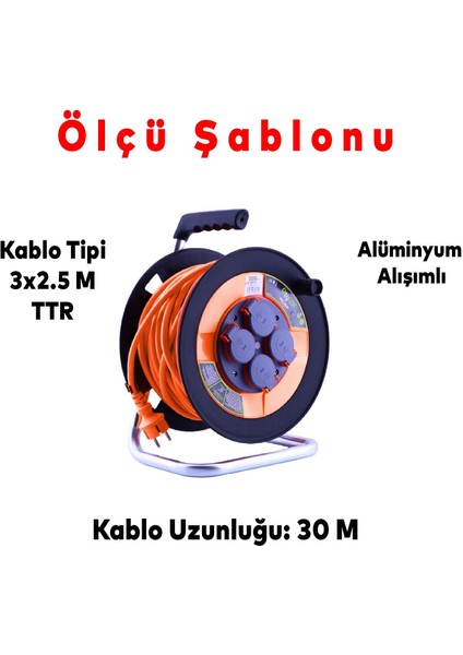 Bylion IP44 Plastik Makaralı Seyyar Kapaklı 4 Prizli Uzatma Kablosu 3x2.5 mm 30 Metre Termal Sigorta