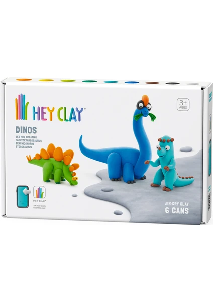 HEY CLAY Hava ile Kuruyan Kil (6'lı Kutu) - Dinozorlar (Stegosaurus, Pachycephalosaurus, Brachiosaurus)