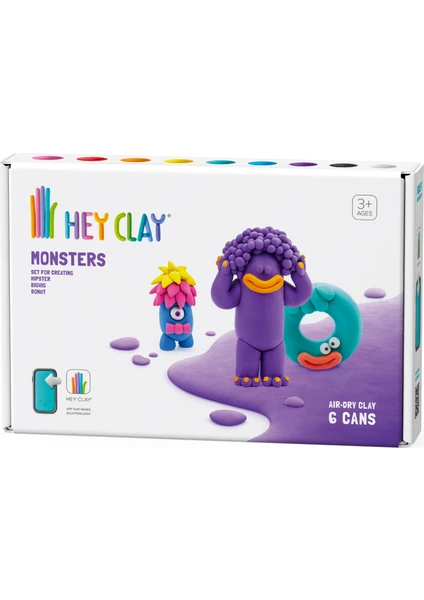 HEY CLAY Hava ile Kuruyan Kil (6'lı Kutu) - Monsters (Hipster, Bigwig, Donut)