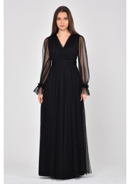 Önü Kruvaze Uzun Kol Esnek Tül Abiye Elbise