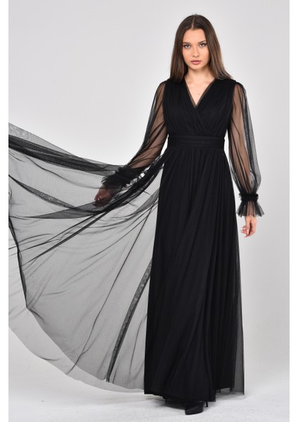 Önü Kruvaze Uzun Kol Esnek Tül Abiye Elbise fırsatları