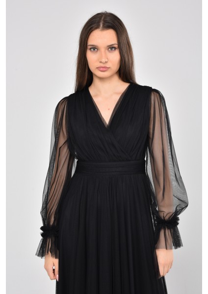 Önü Kruvaze Uzun Kol Esnek Tül Abiye Elbise fırsatları