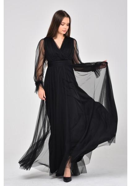 Önü Kruvaze Uzun Kol Esnek Tül Abiye Elbise indirimleri